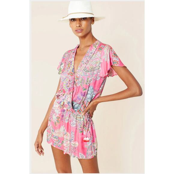 Hale Bob Pink SIlk Floral Paisley Ruffle Double Breasted Romper Size XS NWT - Picture 1 of 10